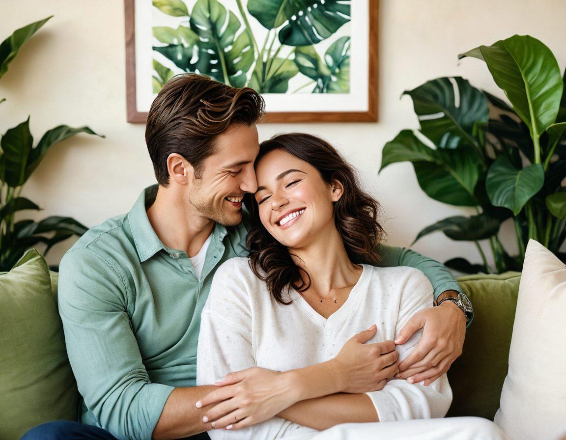 A cozy couple sitting together on a soft couch, sharing laughter and warm smiles, surrounded by a softly lit room decorated with plants and framed memories. Illustrate their emotional connection using warm colors and gentle lighting to evoke intimacy. Include elements like hands intertwined and a close-up of their facial expressions showcasing love and commitment. watercolor. soft focus. warm tones. 