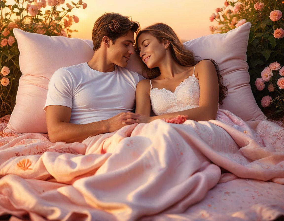 A warm and inviting scene showcasing a couple enjoying a serene sunset together, sitting closely on a blanket surrounded by heart-shaped pillows. Delicate flowers in soft pastel colors frame the image, while golden light bathes their joyful expressions, symbolizing affection and passion. On the side, gentle vines with blooming hearts intertwine, representing growth in relationships. super-realistic. vibrant colors. soft focus.