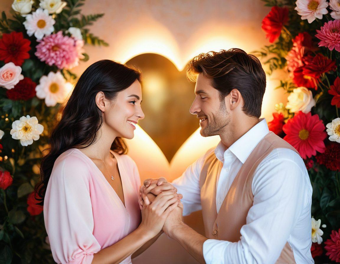 A warm, intimate scene of a couple sharing a joyful moment in a cozy setting, surrounded by soft lighting and romantic decor. Include elements like a heart-shaped object, flowers, and affectionate gestures to symbolize love and passion. A gentle color palette of reds, pinks, and golds should evoke warmth and connection. super-realistic. vibrant colors. soft focus.